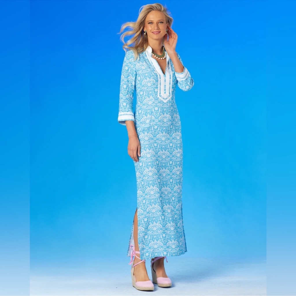 Light Blue Printed Maxi Dress With White Trim